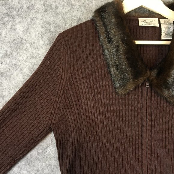 Vintage Sweater Jacket L 12 14 Brown Ribbed Knit Slim Fit Faux Fur Collar Casual - Picture 6 of 10